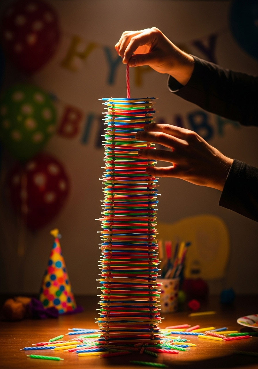 Birthday candles stacked vertically in tall tower for finale birthday party balance challenge