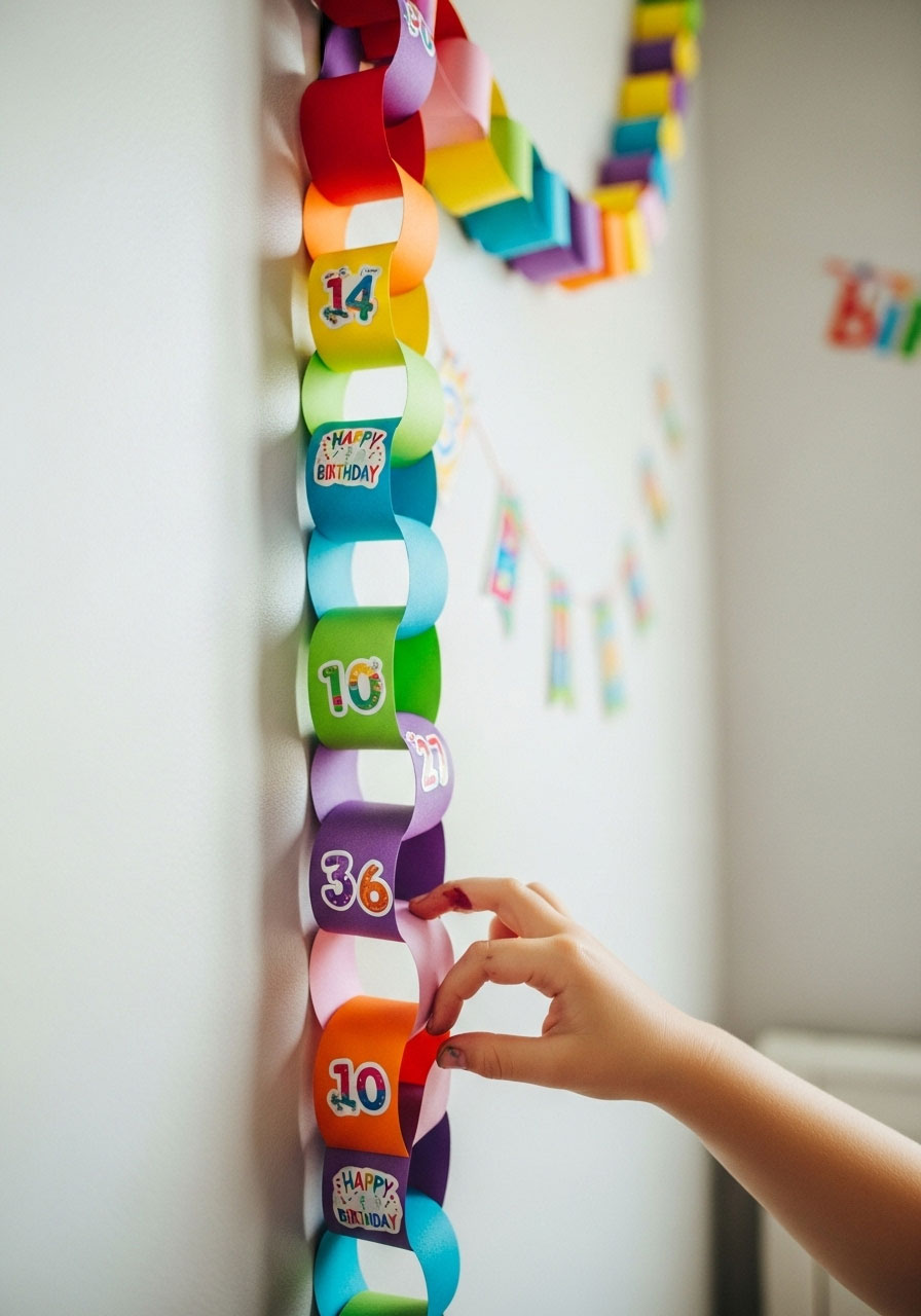 Colorful paper countdown chain decoration for building anticipation before a child's birthday celebration