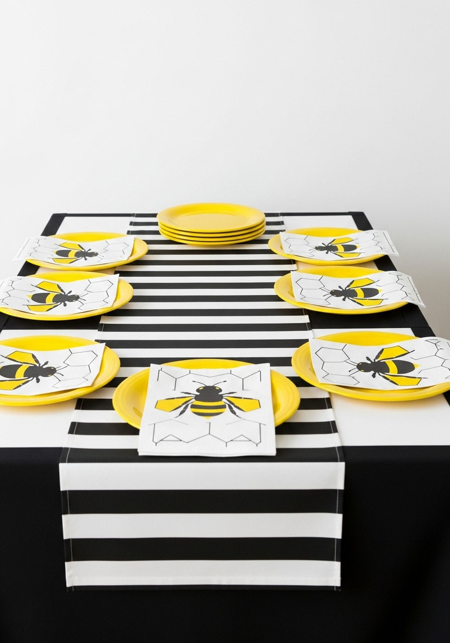 Bold black white and yellow high contrast color scheme for modern honeybee baby shower decor