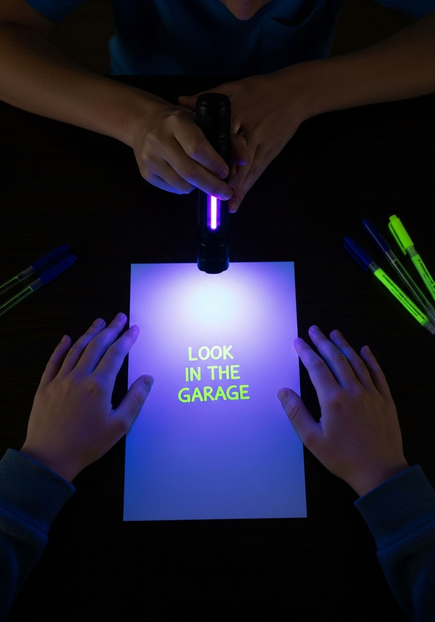 UV blacklight revealing invisible ink secret message for teen birthday scavenger hunt clue