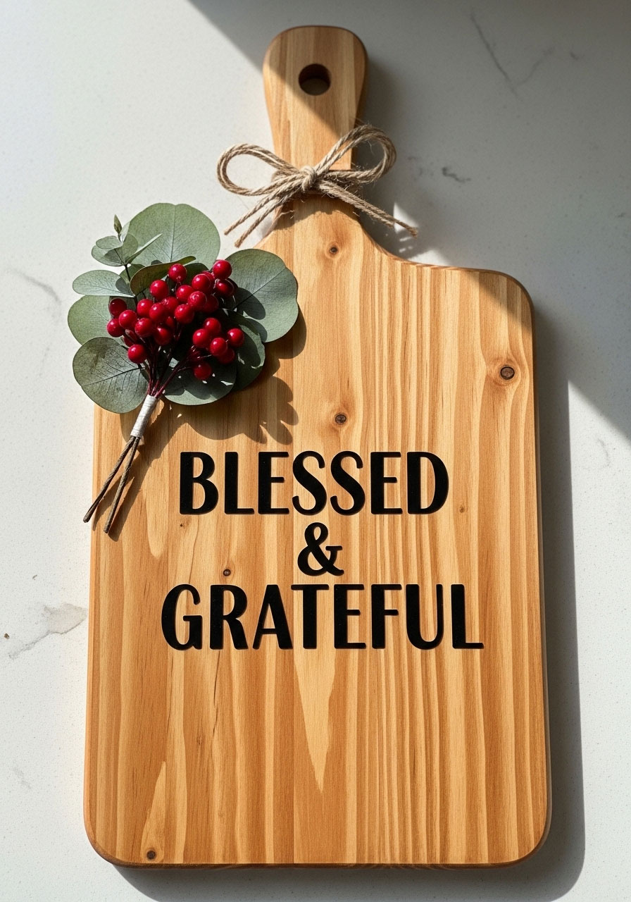 Blessed and Grateful Dollar Tree cutting board with inspirational message and berry leaf accents for daily gratitude