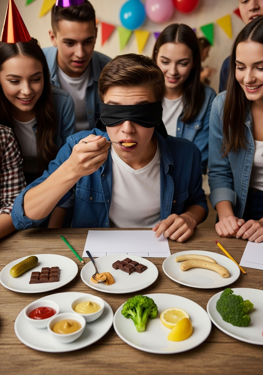 Blindfolded teenager tasting mystery foods at party guessing game