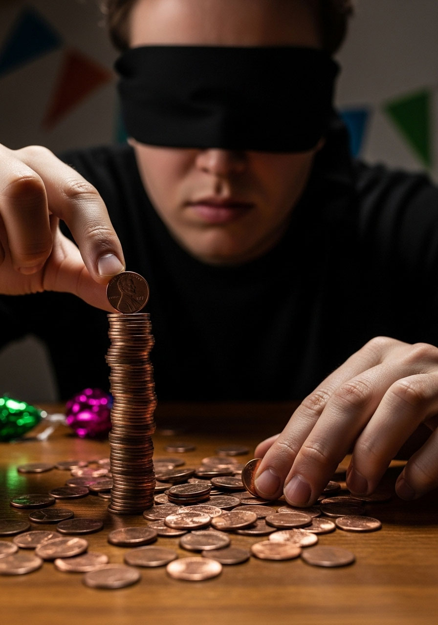 Blindfolded person stacking pennies by touch during challenging birthday party game