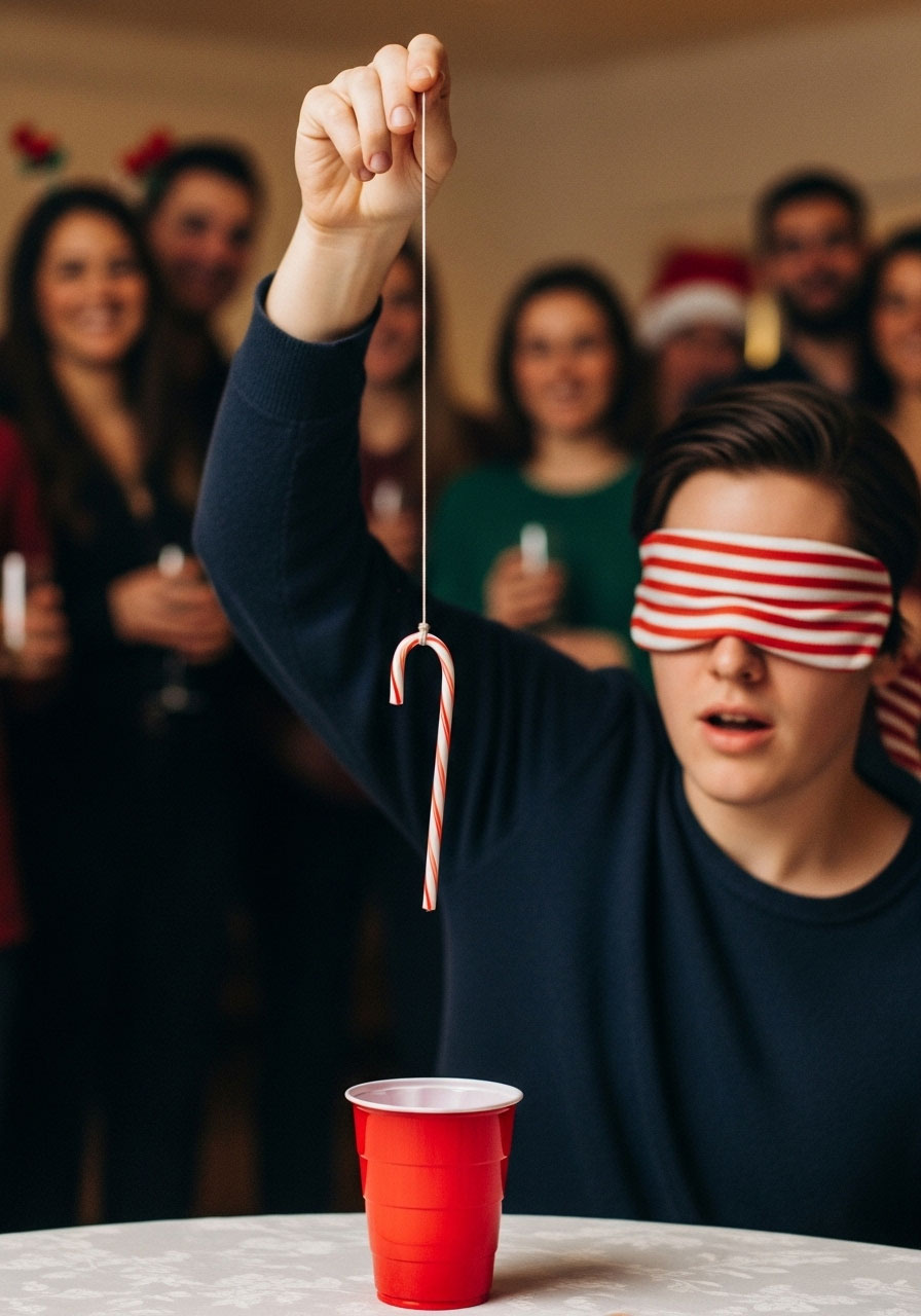 Blindfolded player attempting to lower candy cane on string into cup during holiday party skill challenge game