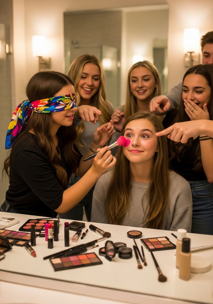 Blindfolded teenager giving makeover to friend at party challenge