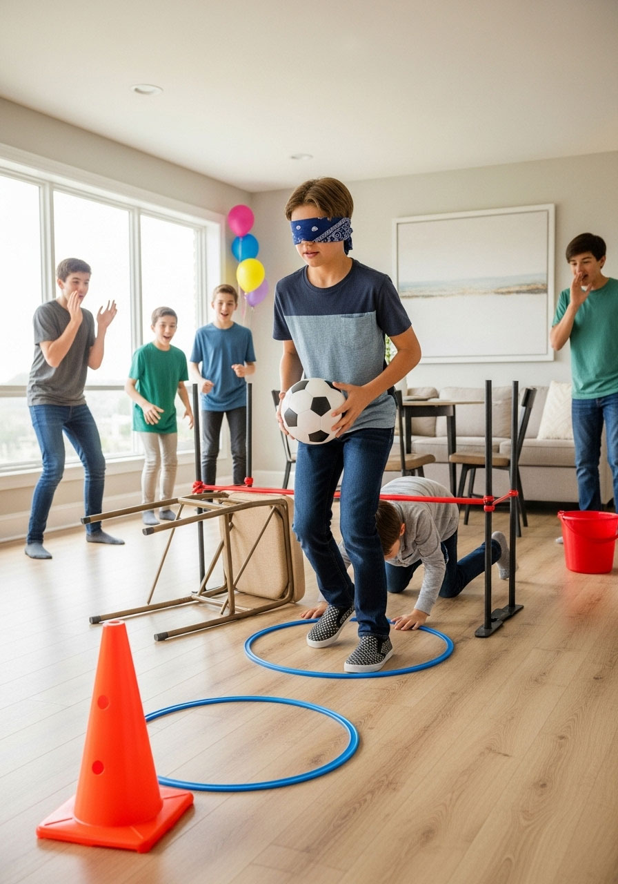 Blindfolded child navigating obstacle course with partner giving directions at birthday party trust and teamwork game