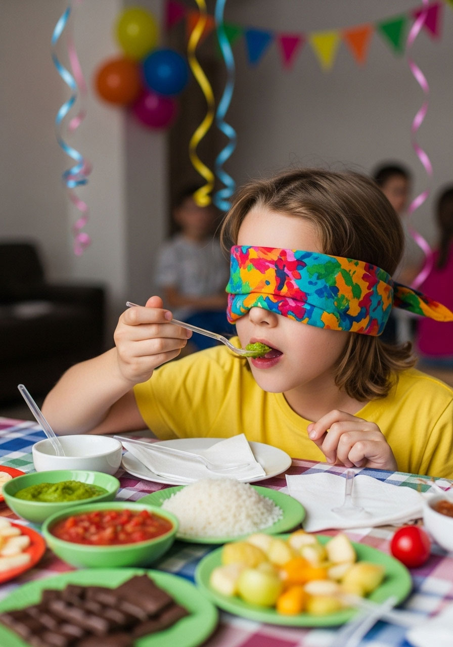 Blindfolded child tasting mystery foods during guessing game at indoor birthday party
