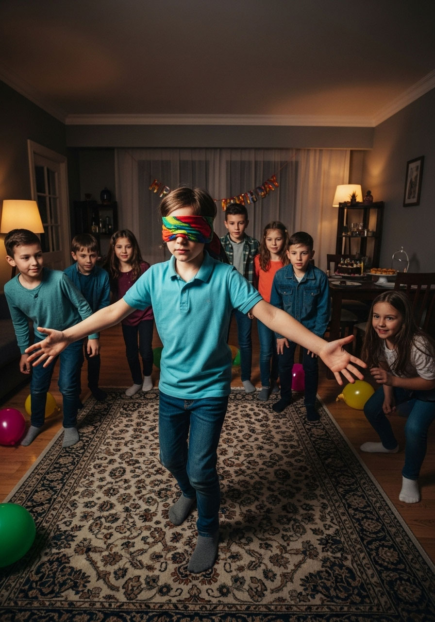 Blindfolded child playing blindman's bluff tag game at indoor birthday party