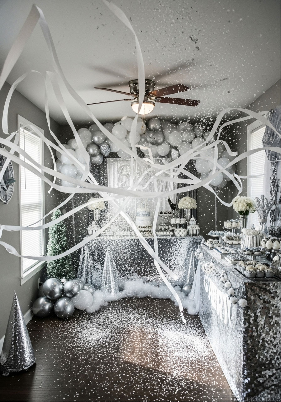 Blizzard bash baby shower theme for boys with dramatic snow effects, white decorations, and energetic winter party setup