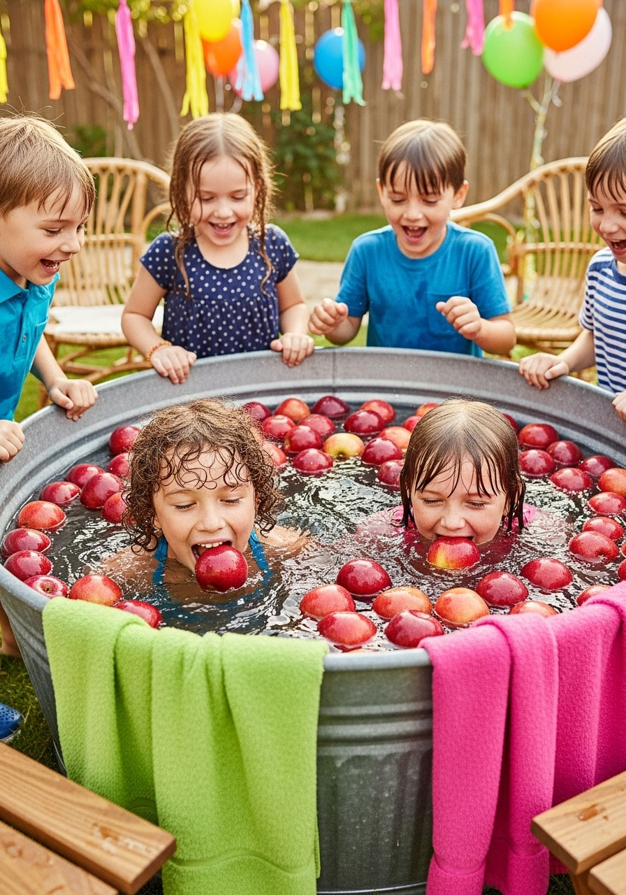 Kids playing bobbing for apples game at Friendsgiving party with tub of water and red apples