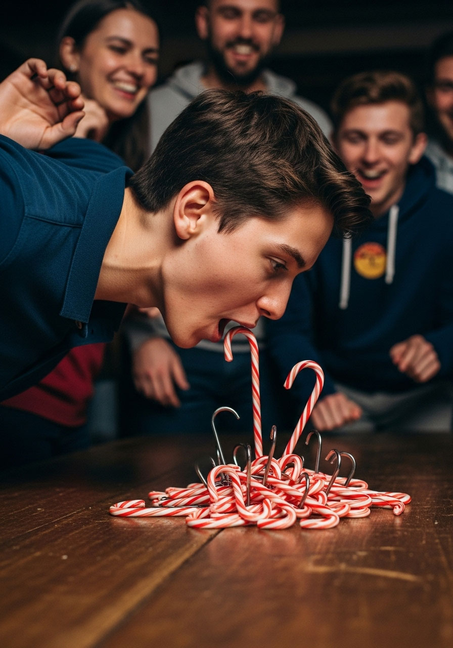 Player bobbing for candy canes using only mouth with hands behind back during hilarious holiday party game