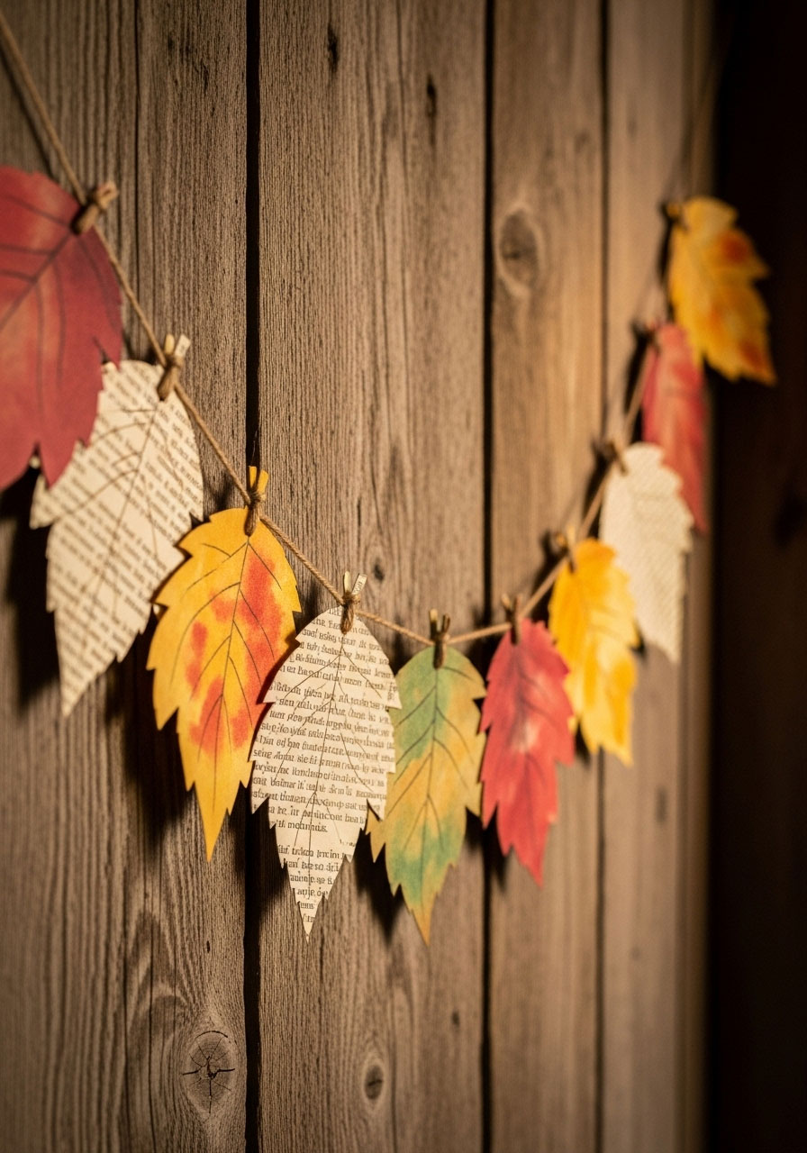 Book page fall leaves banner craft with watercolor autumn decoration for kids