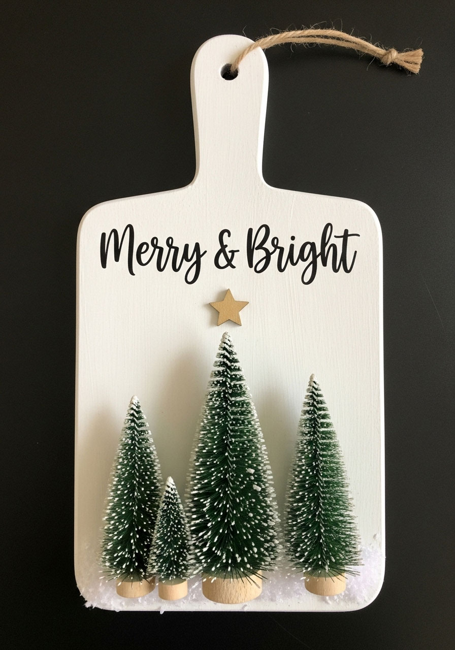 Layered bottle brush trees on white Dollar Tree cutting board with fake snow and Merry and Bright message for dimensional decor