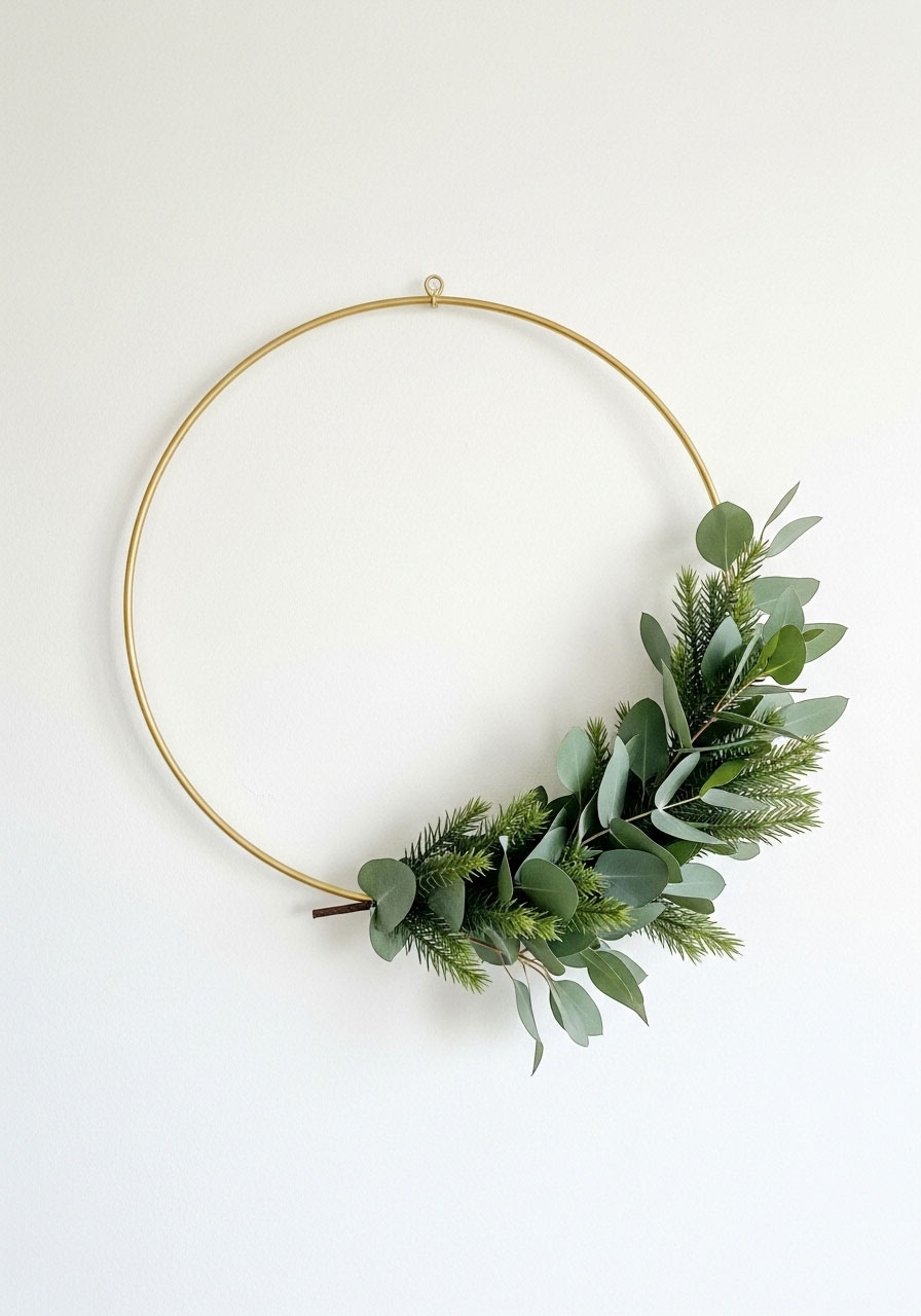 Modern brass ring wreath with eucalyptus, minimalist adult Christmas craft for contemporary holiday decor