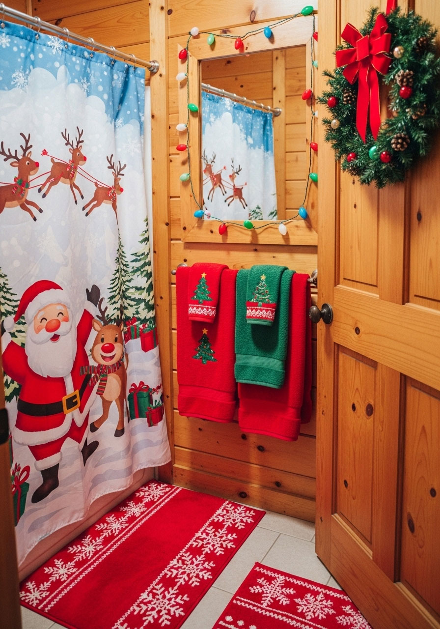 Cheerful cabin bathroom with bright red and green Christmas towels, holiday shower curtain, and festive colorful decor
