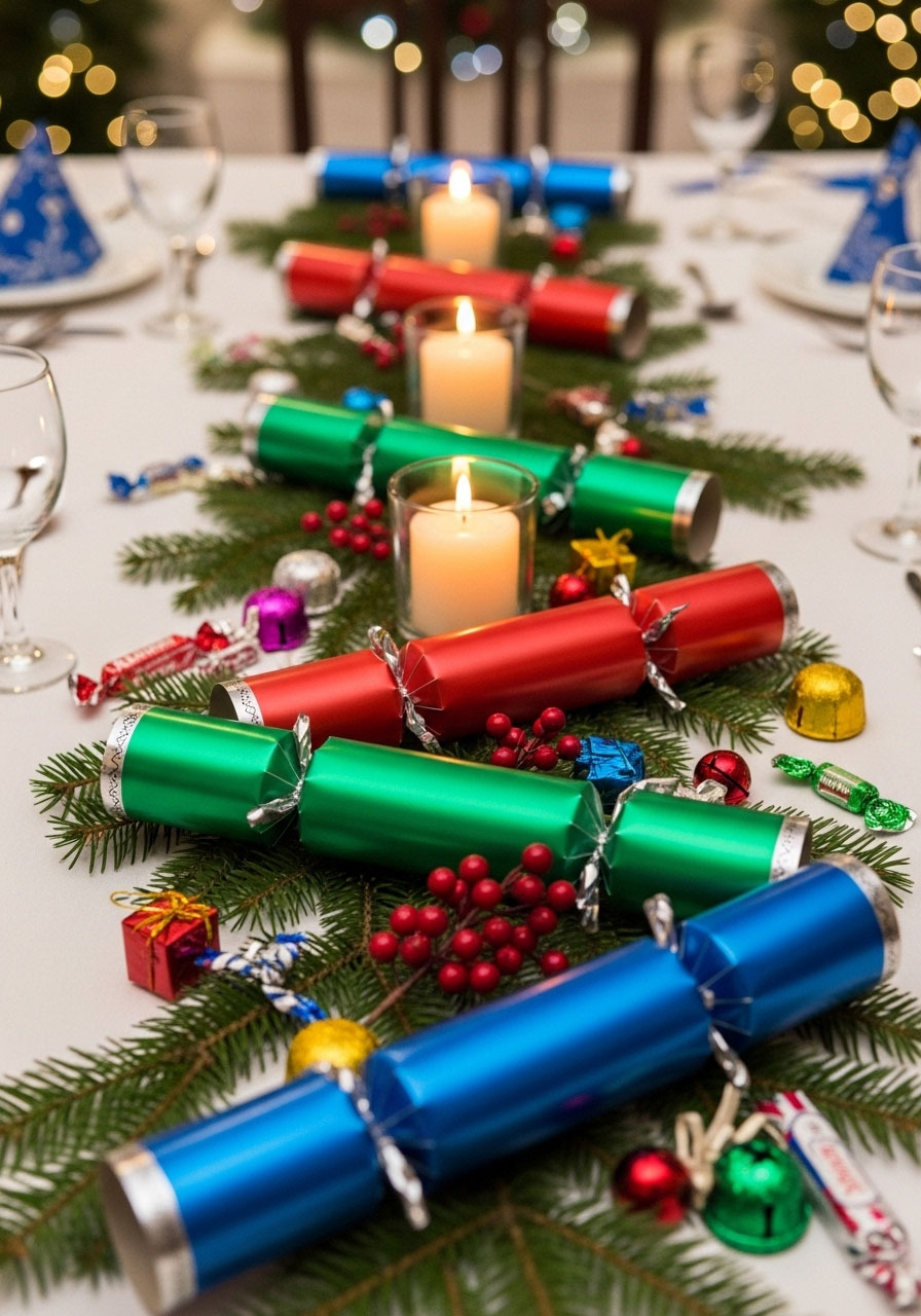 British Christmas crackers centerpiece display arranged with greenery and candles on table