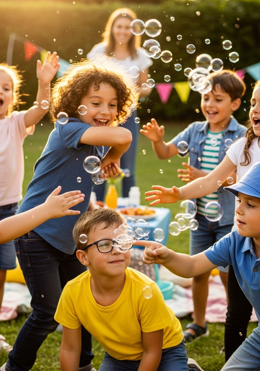 Kindergarten children popping bubbles with silly body parts at outdoor birthday party activity