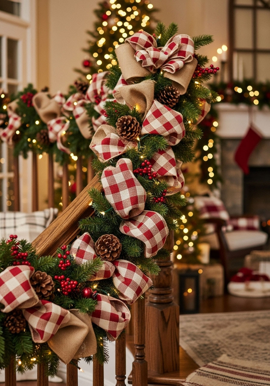 Completed buffalo check burlap garland displayed on staircase showing alternating red and white pattern