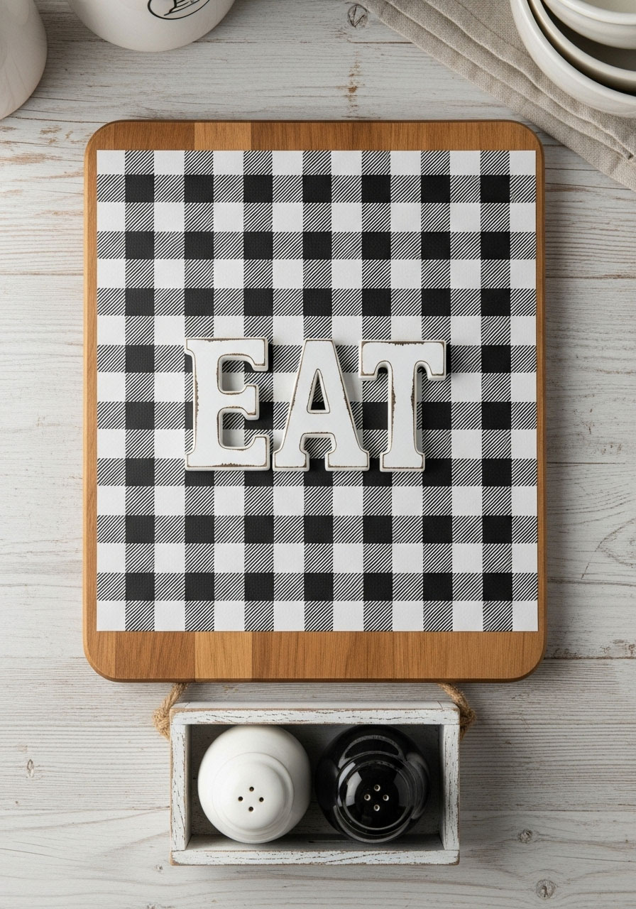 Buffalo plaid Dollar Tree cutting board organizer with EAT sign and white crate for kitchen counter storage