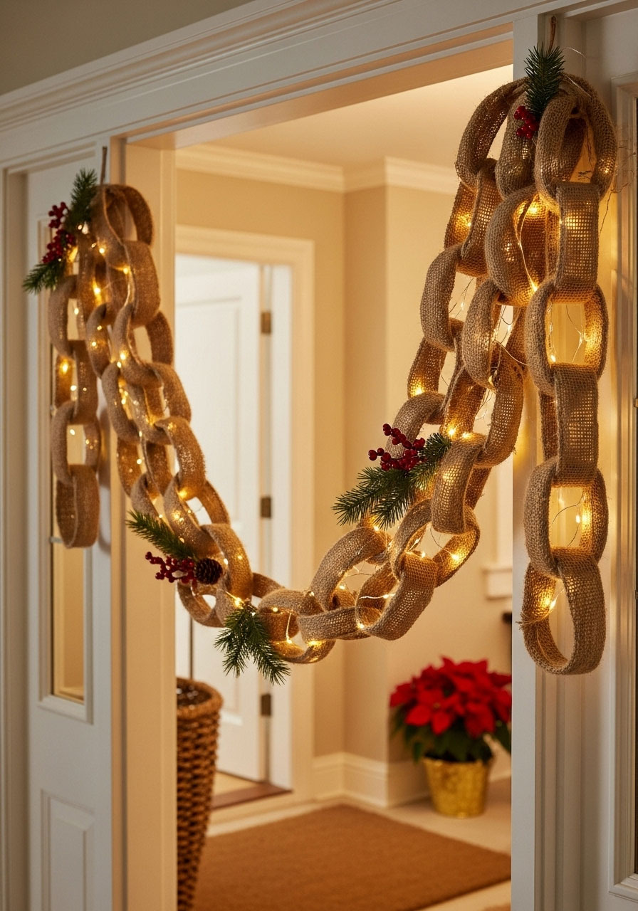 Completed burlap chain garland hanging in doorway entrance showing linked cylinder formation