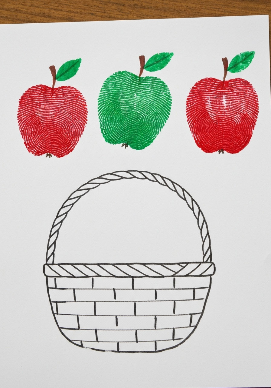 Bushel of thumbprint apples craft with fingerprint art for kids