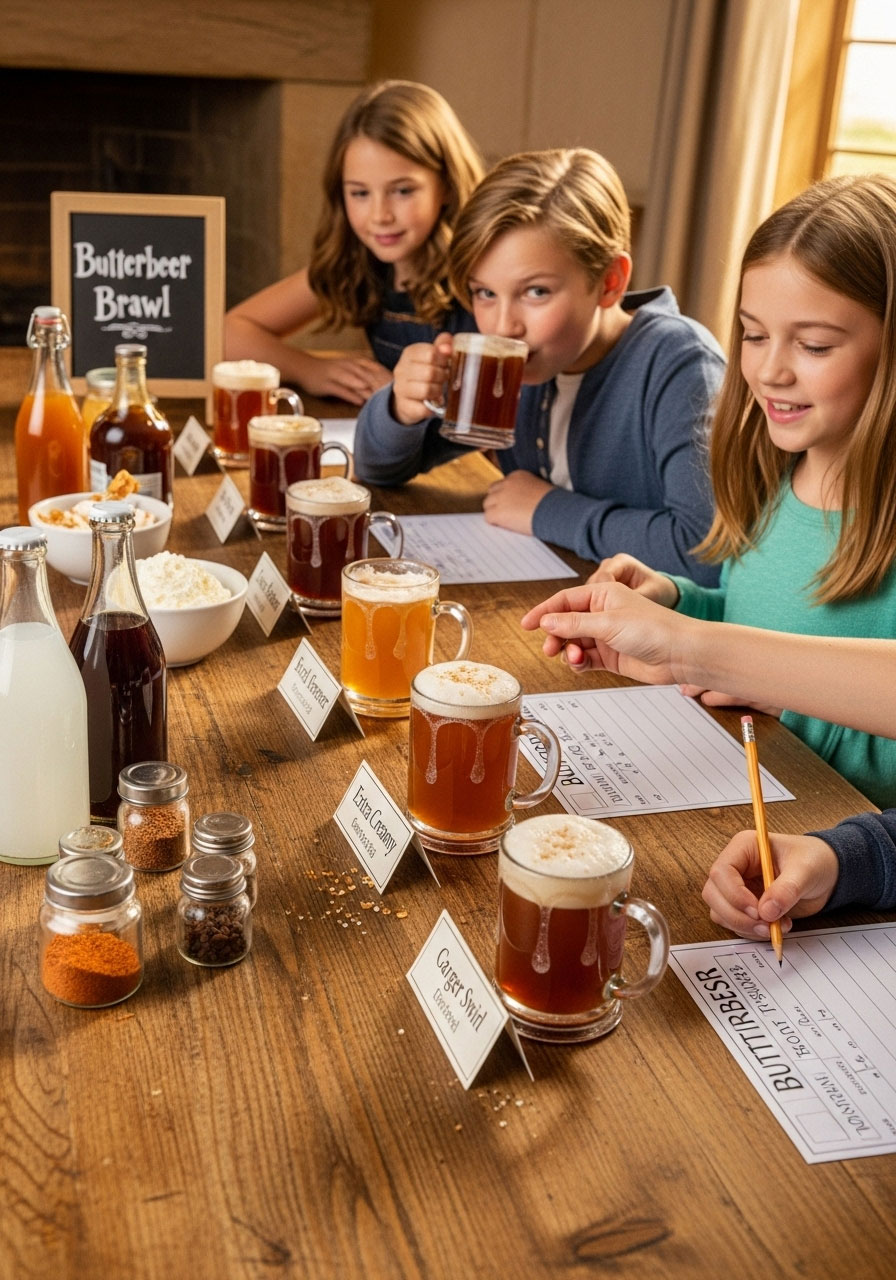 Kids doing Butterbeer taste test challenge with different recipes at Harry Potter themed birthday party