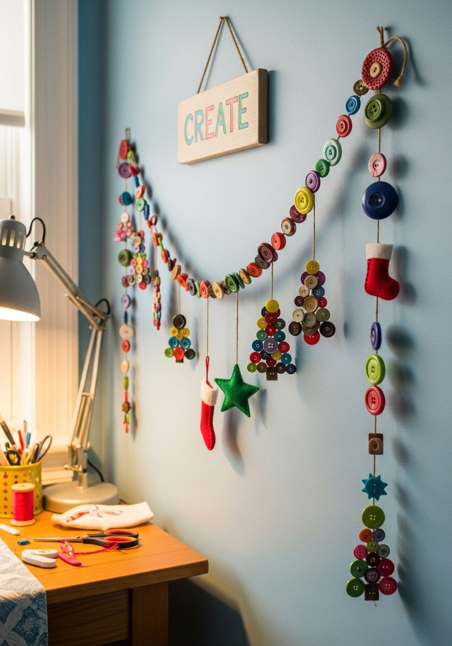 Finished button garland on wall showing colorful buttons in various sizes