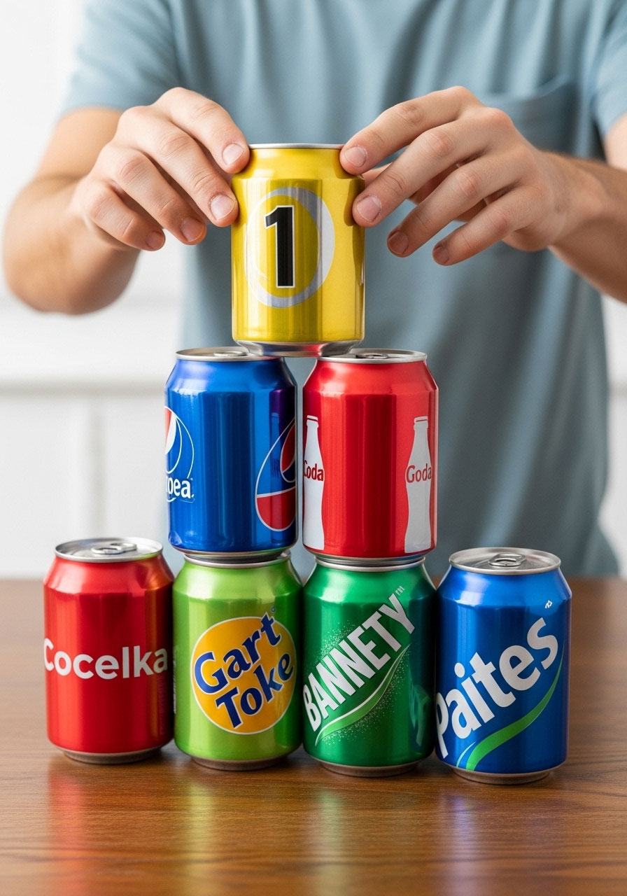 Empty soda cans stacked in pyramid formation for minute to win it birthday party game