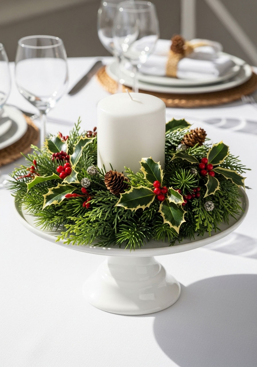 Festive Christmas candle ring centerpiece on white cake stand with pillar candle for holiday table decor