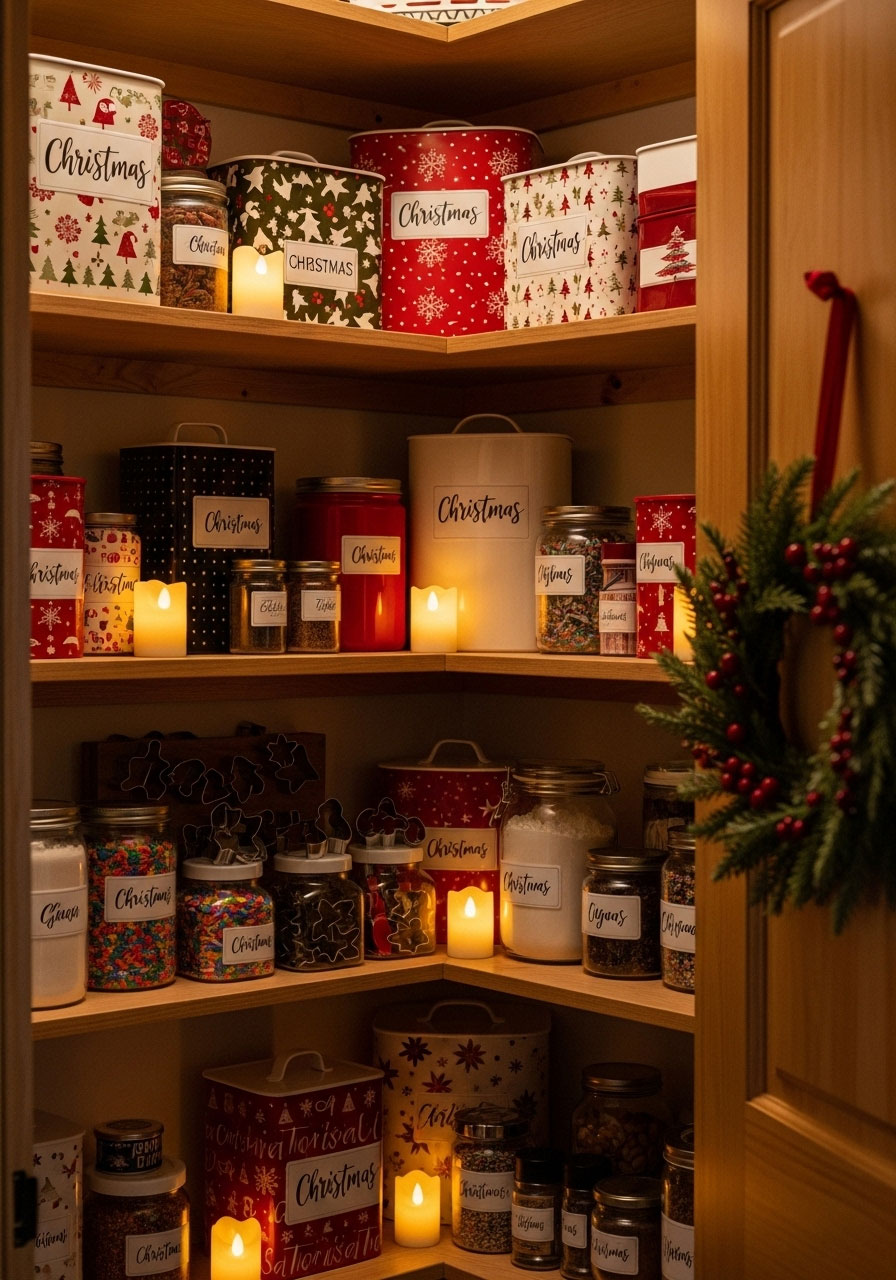 Organized cabin pantry decorated with battery candles, festive containers, holiday labels, and seasonal baking supplies