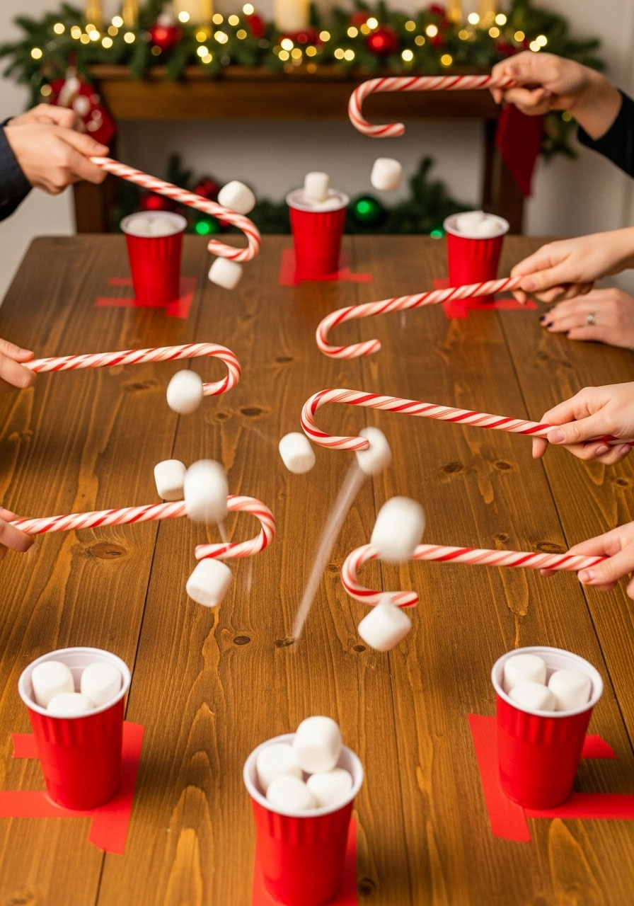 Kids and adults playing Candy Cane Derby game batting marshmallows with candy canes into cups on a festive holiday table setup