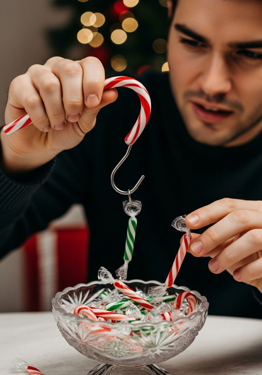 Player using candy cane as fishing rod to hook small candy canes from bowl in festive Christmas party game challenge