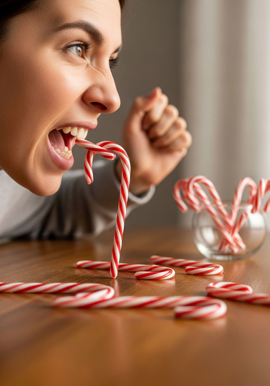Player demonstrating proper candy cane game technique using mouth to hook candy cane without hands