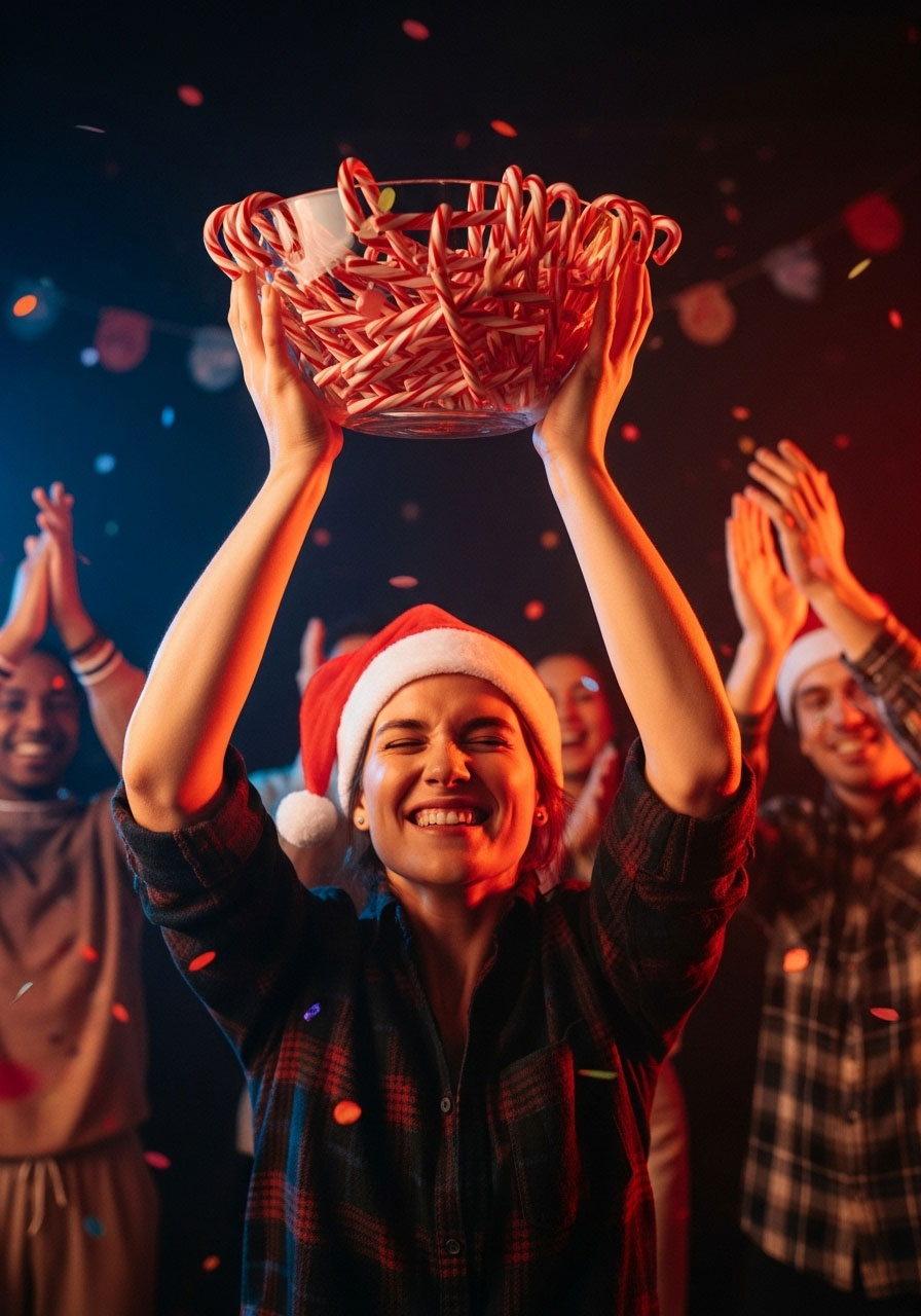 Excited winner celebrating victory in candy cane game holding bowl full of candy canes at holiday party