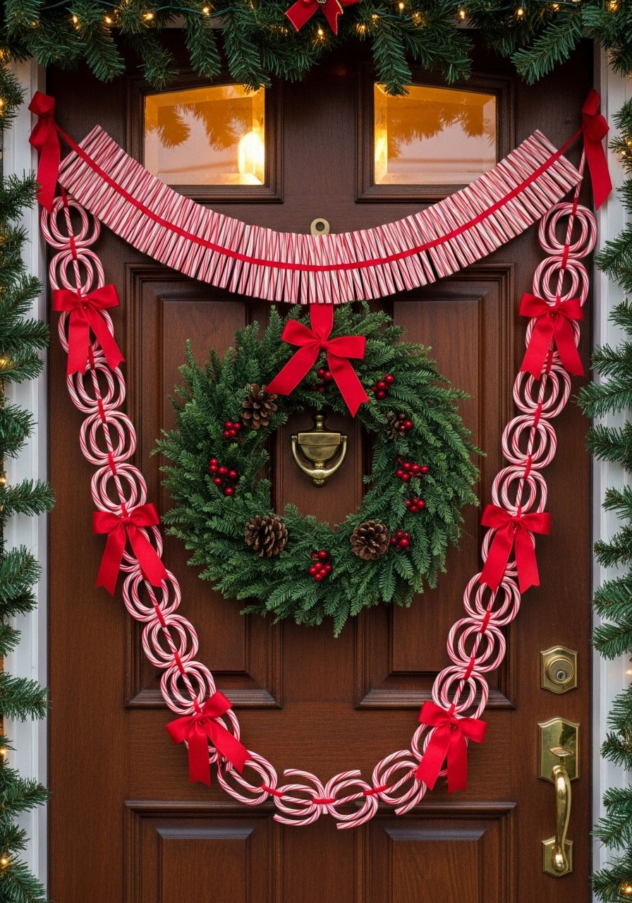 Finished candy cane garland on front door showing candy canes tied in various arrangements