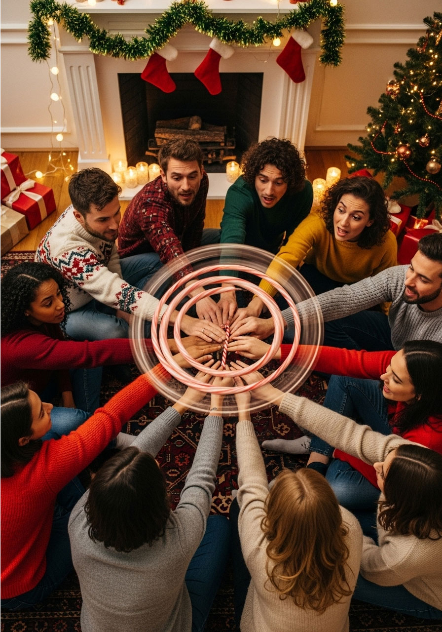 Players sitting in circle passing candy cane quickly during Candy Cane Hot Potato Christmas party game