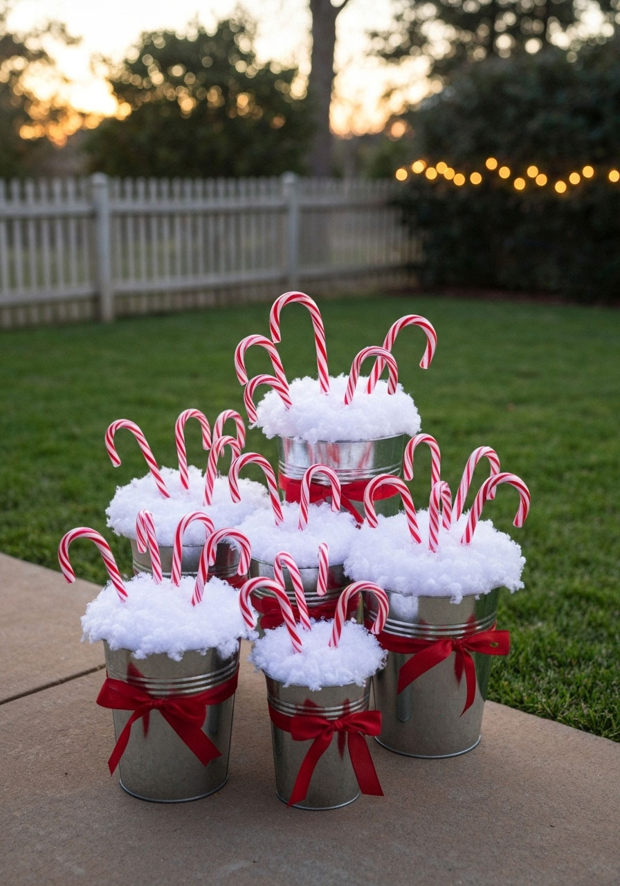 DIY candy cane pails with fake snow arrangement