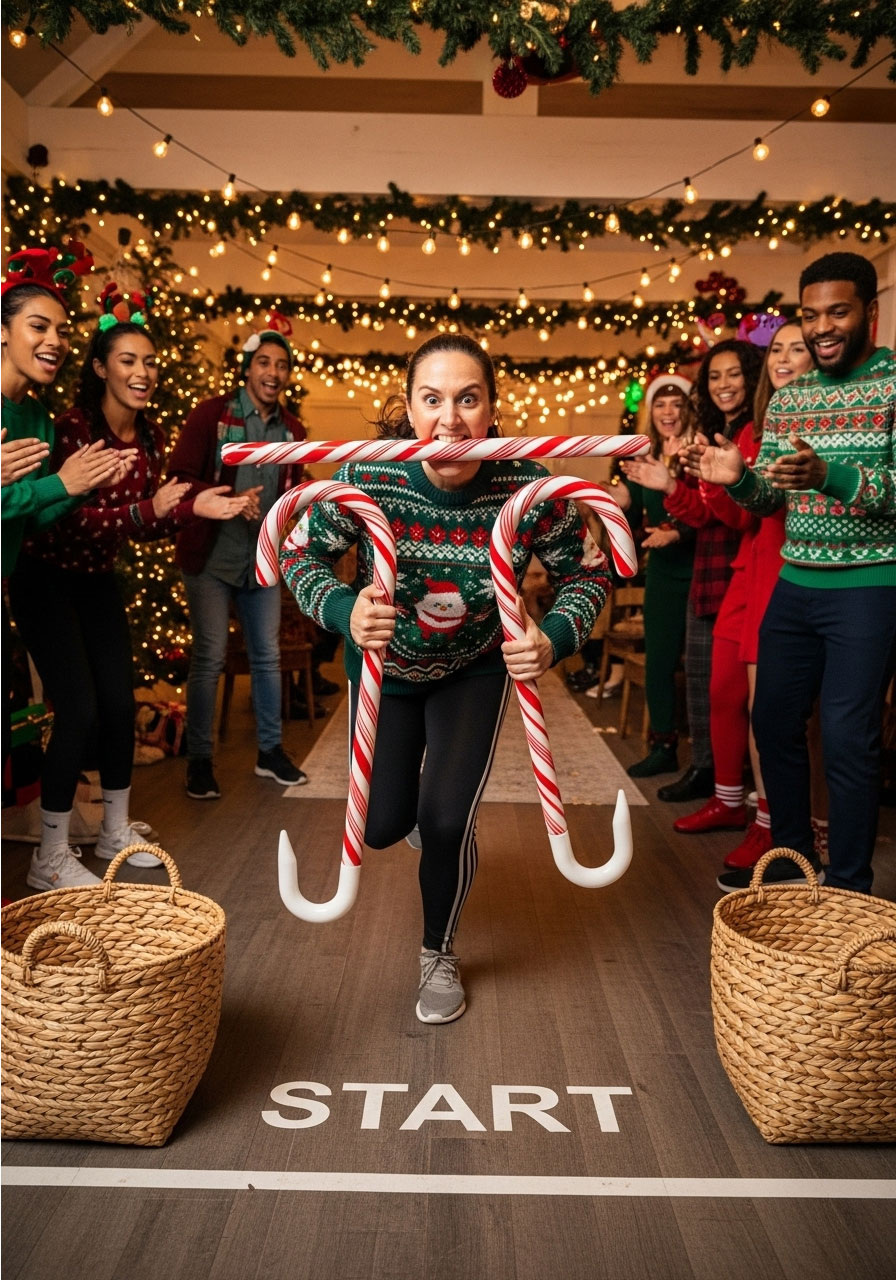 Player running with candy cane in mouth during Candy Cane Relay Hook Race team competition at holiday party