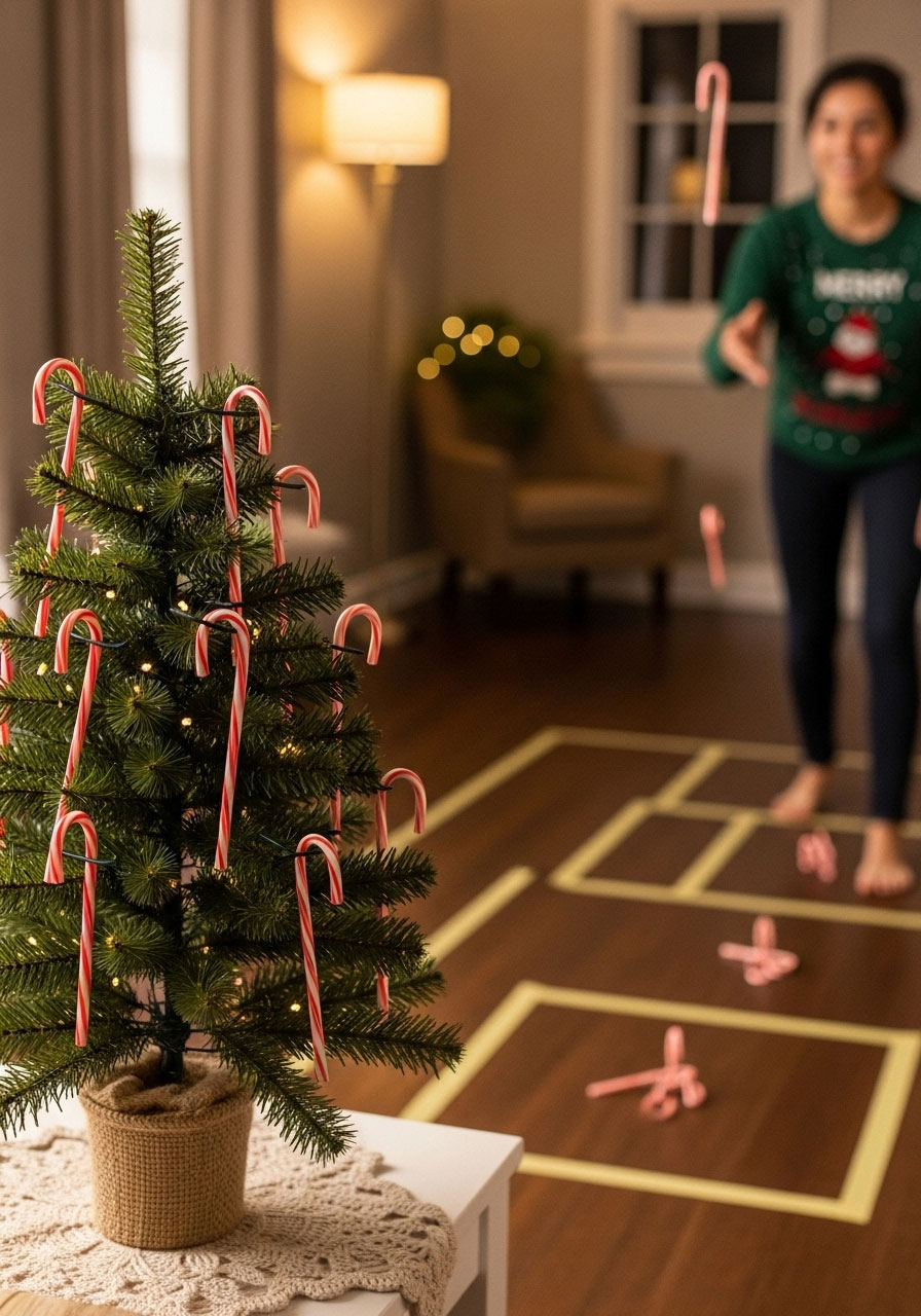 Christmas tree target with hooked candy canes and player tossing candy cane rings during holiday party game