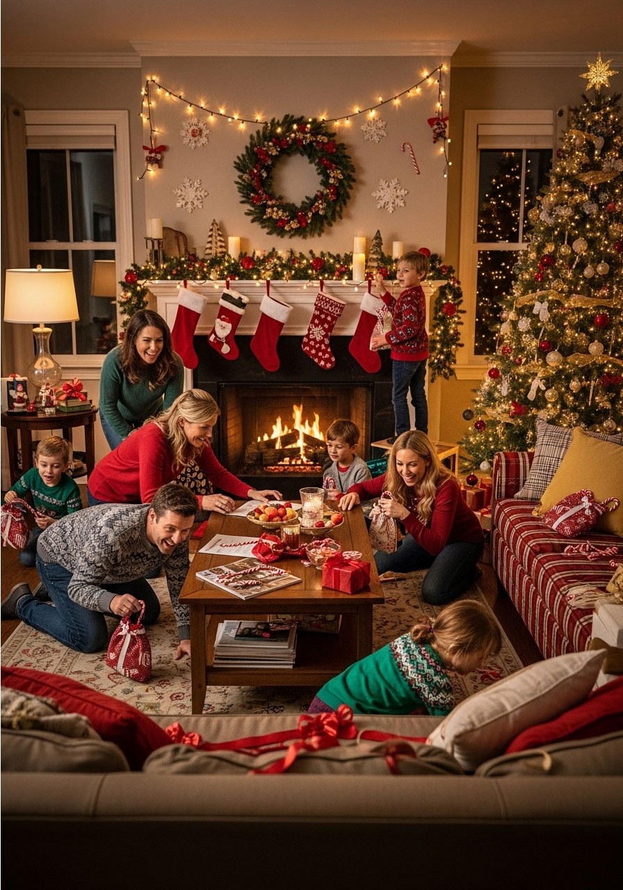 Family searching for hidden candy canes throughout decorated living room during holiday scavenger hunt party game