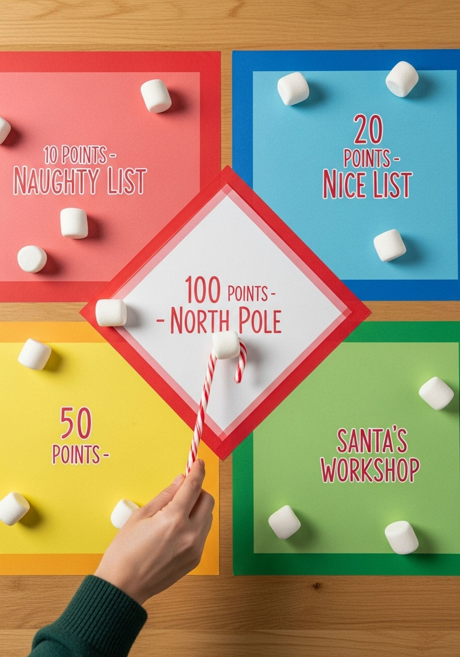 Overhead view of Candy Cane Shuffleboard game with scoring zones and player using candy cane to slide marshmallows