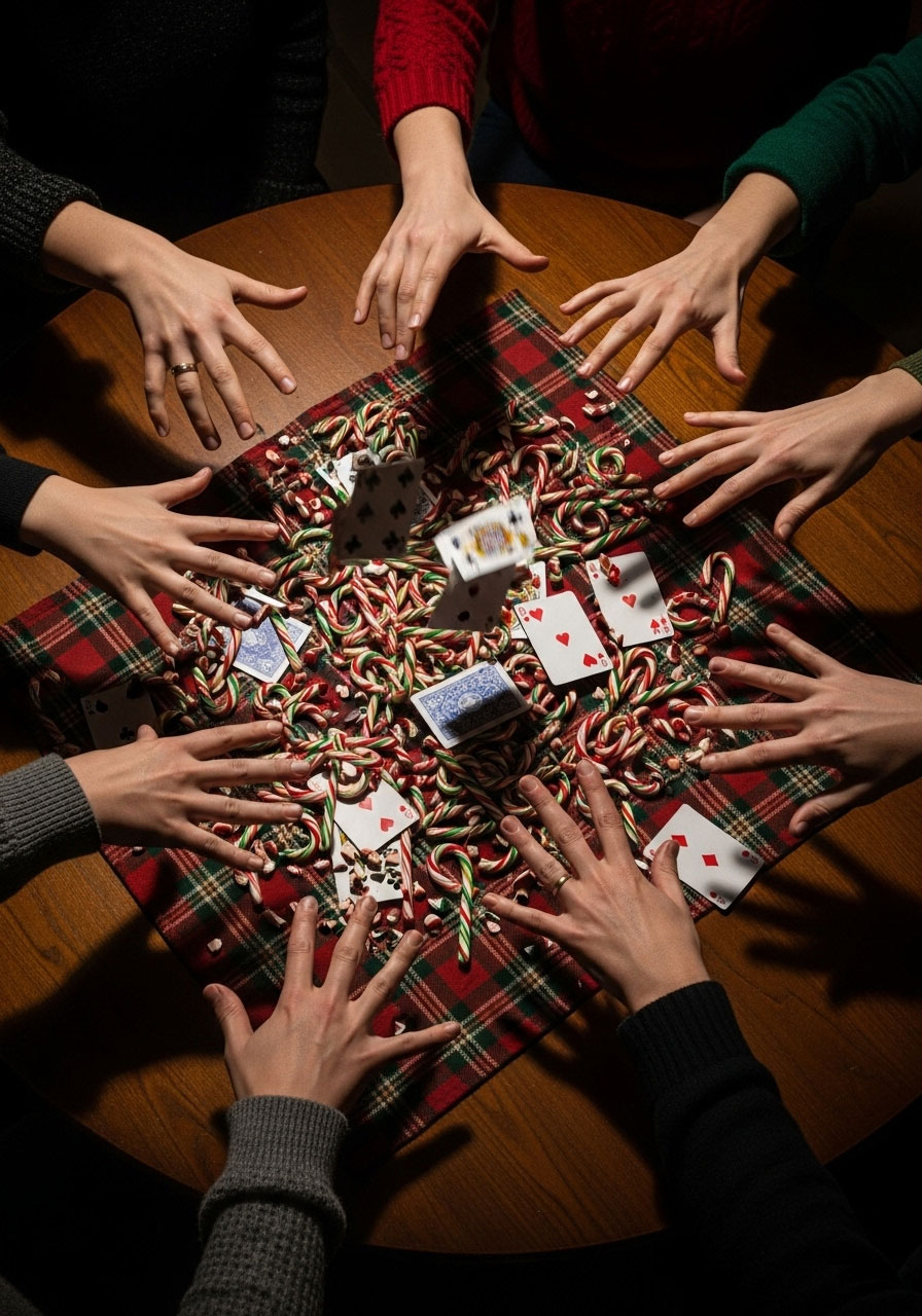 Players competing in Candy Cane Spoons card game with hands reaching for candy canes on festive holiday table