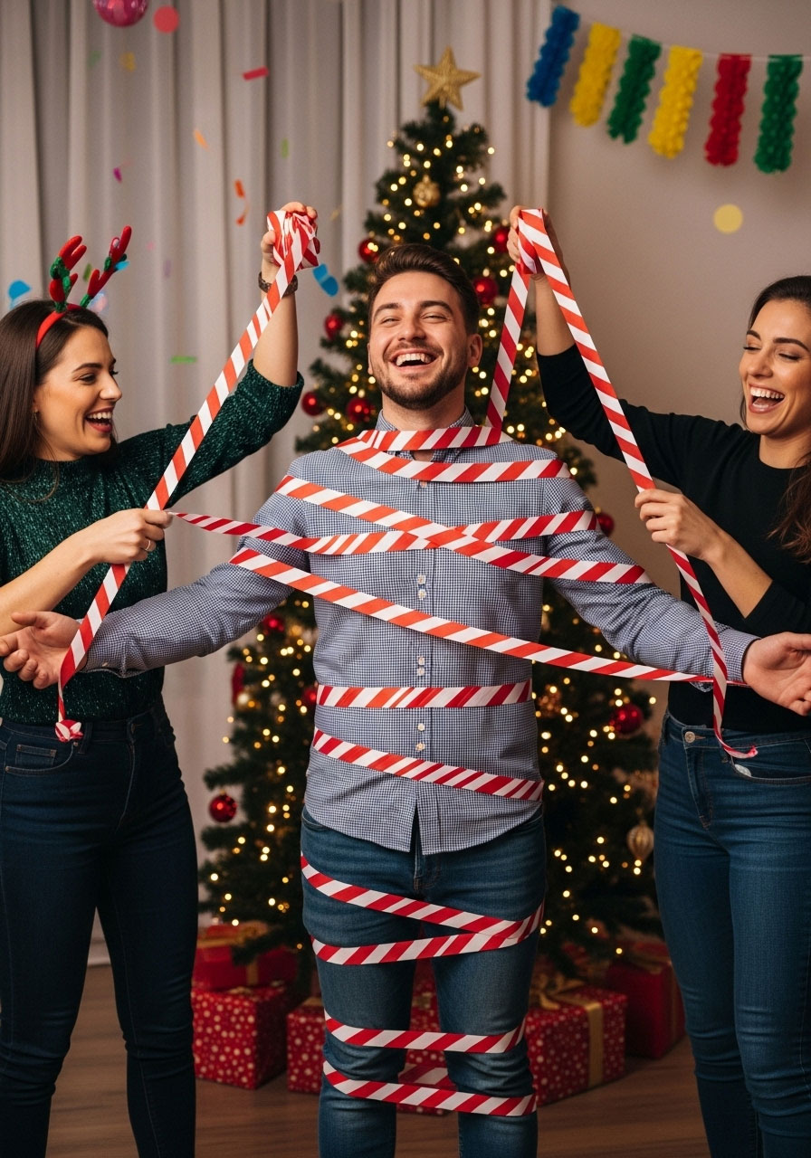 Team of three playing Candy Cane Wrap Race with red and white streamers creating human candy cane at holiday party gathering
