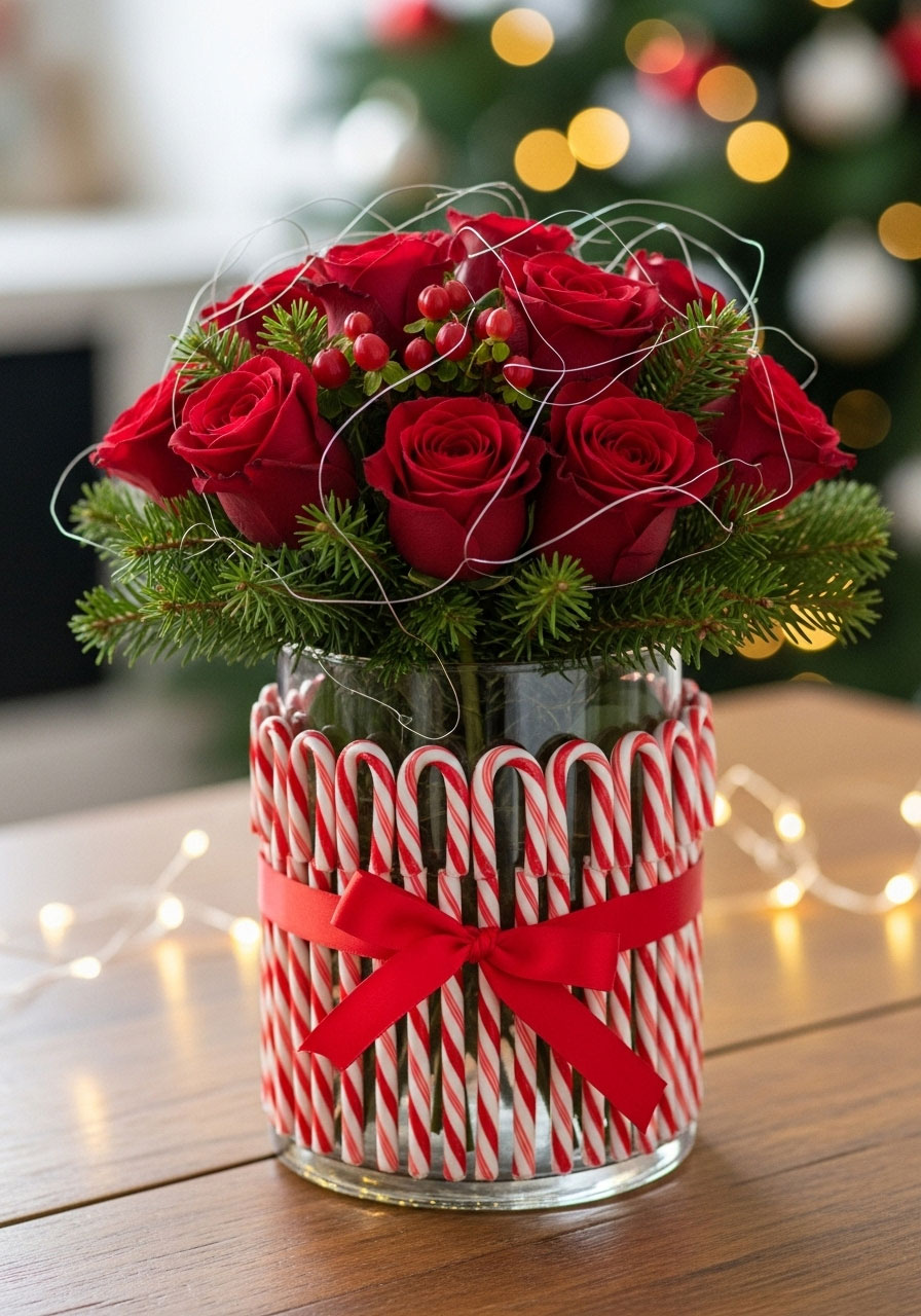 Whimsical candy cane wrapped vase Christmas centerpiece filled with red roses and ribbon
