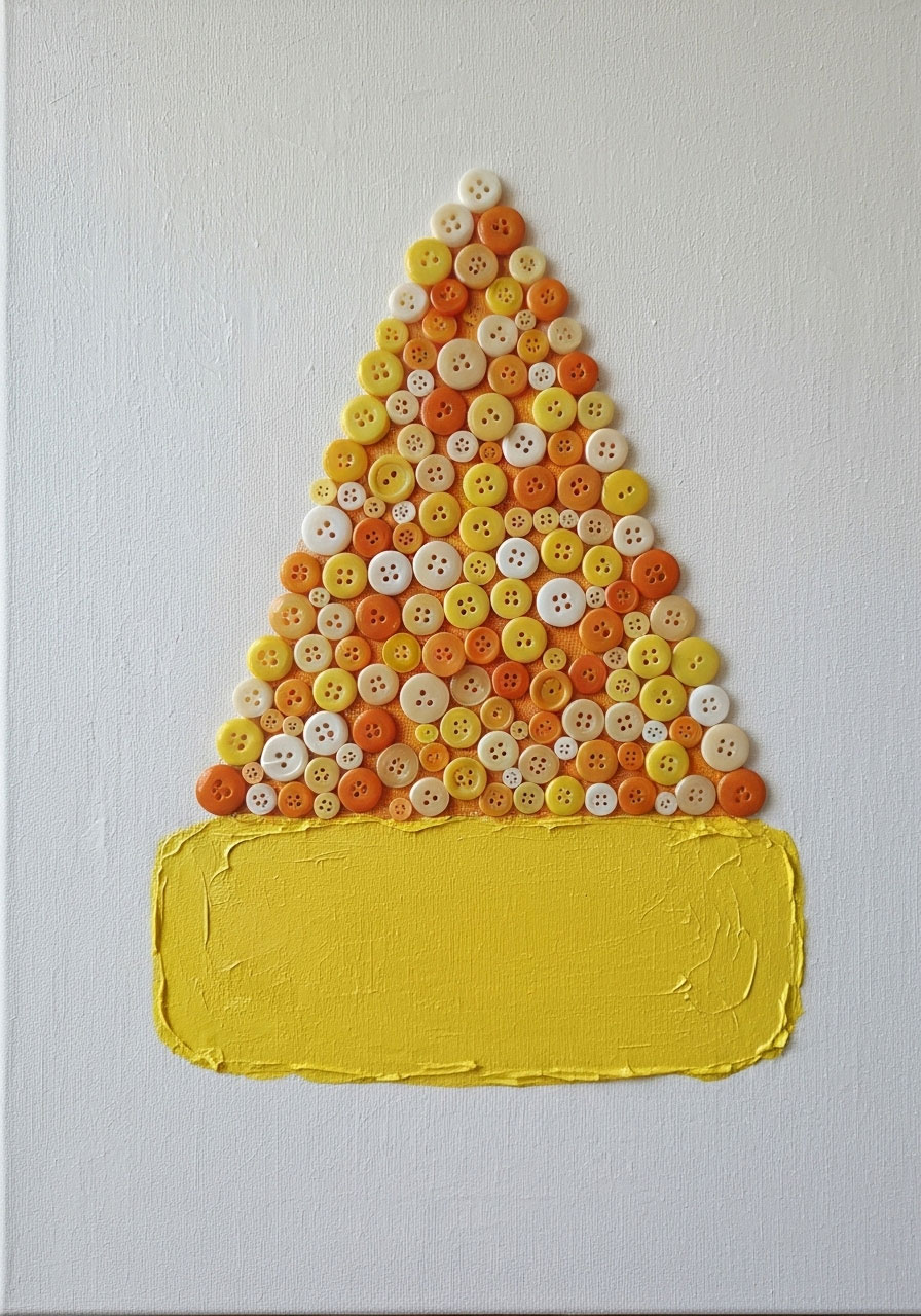 Candy corn button art craft with textured autumn decoration for kids