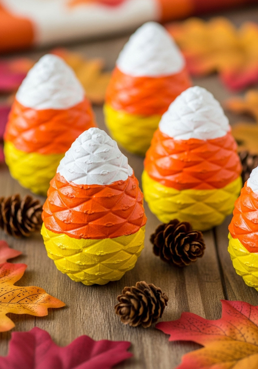 Candy corn pinecones painted craft in autumn colors for kids