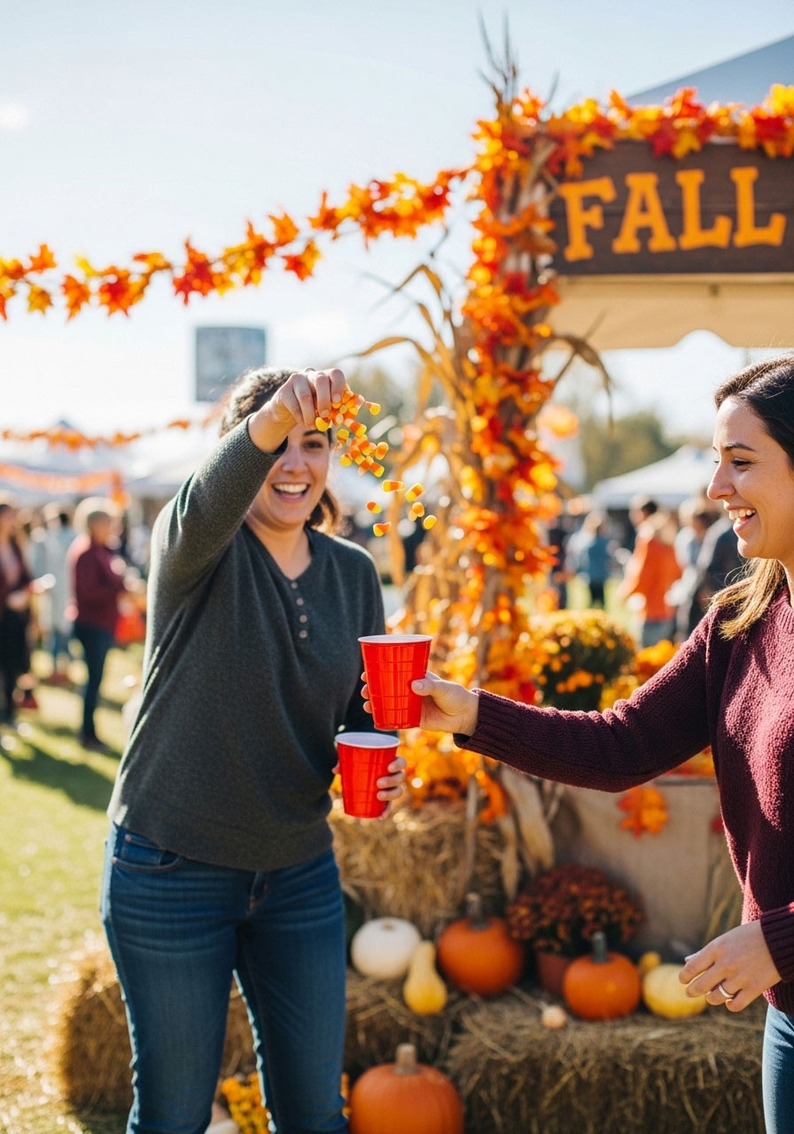 Two people playing candy corn toss game at outdoor fall festival with solo cups and candy corn pieces