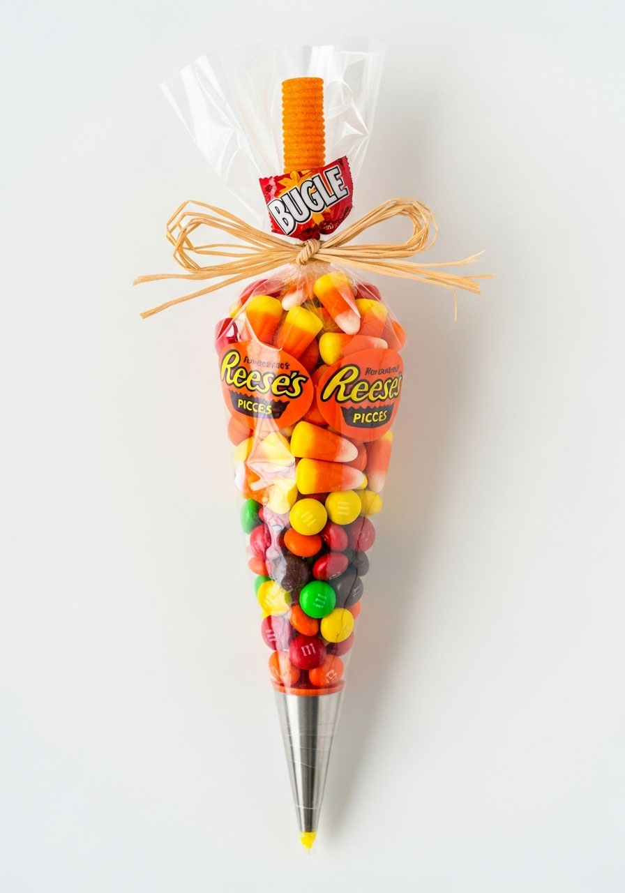Candy-filled icing bag cornucopia Thanksgiving classroom treat with fall candies and raffia bow on white background