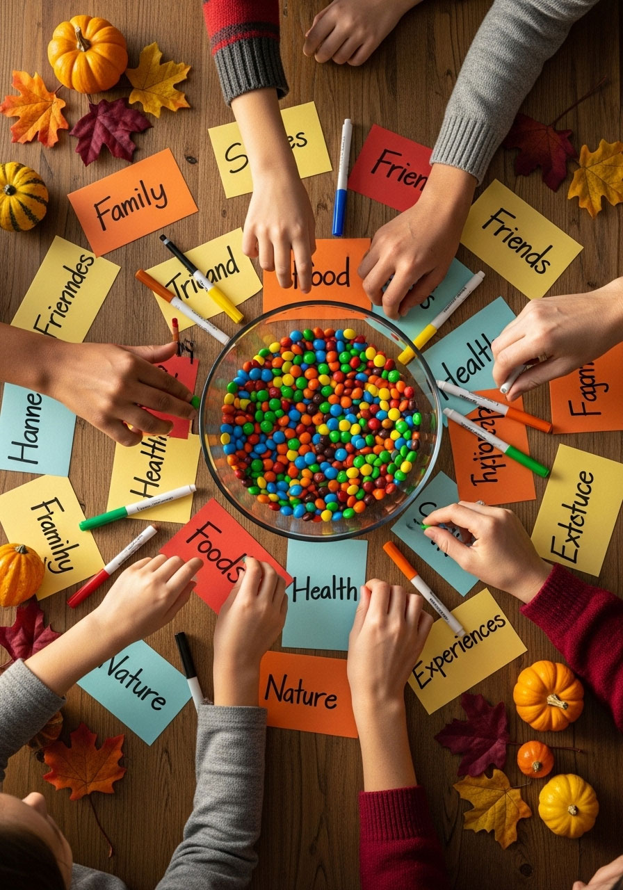 Candy gratitude game setup with M&Ms in bowl, colorful category cards, and family hands around Thanksgiving table