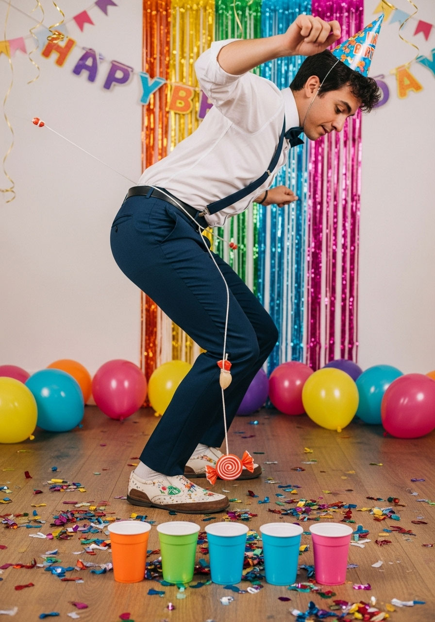 Person swinging candy pendulum from waist to land in cups for birthday party coordination game